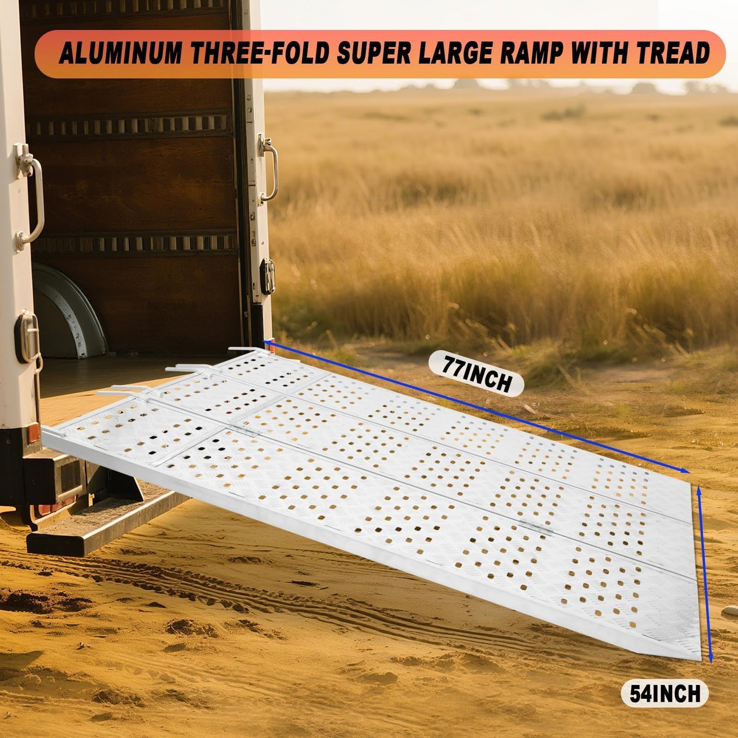 Aluminum Tri-Fold Ramp with Treads, Extra Wide Loading Ramp 1500 lbs Capacity, 54"×77" Heavy Duty Trailer Ramps for ATV, UTV, Motorcycle, Lawn Mower