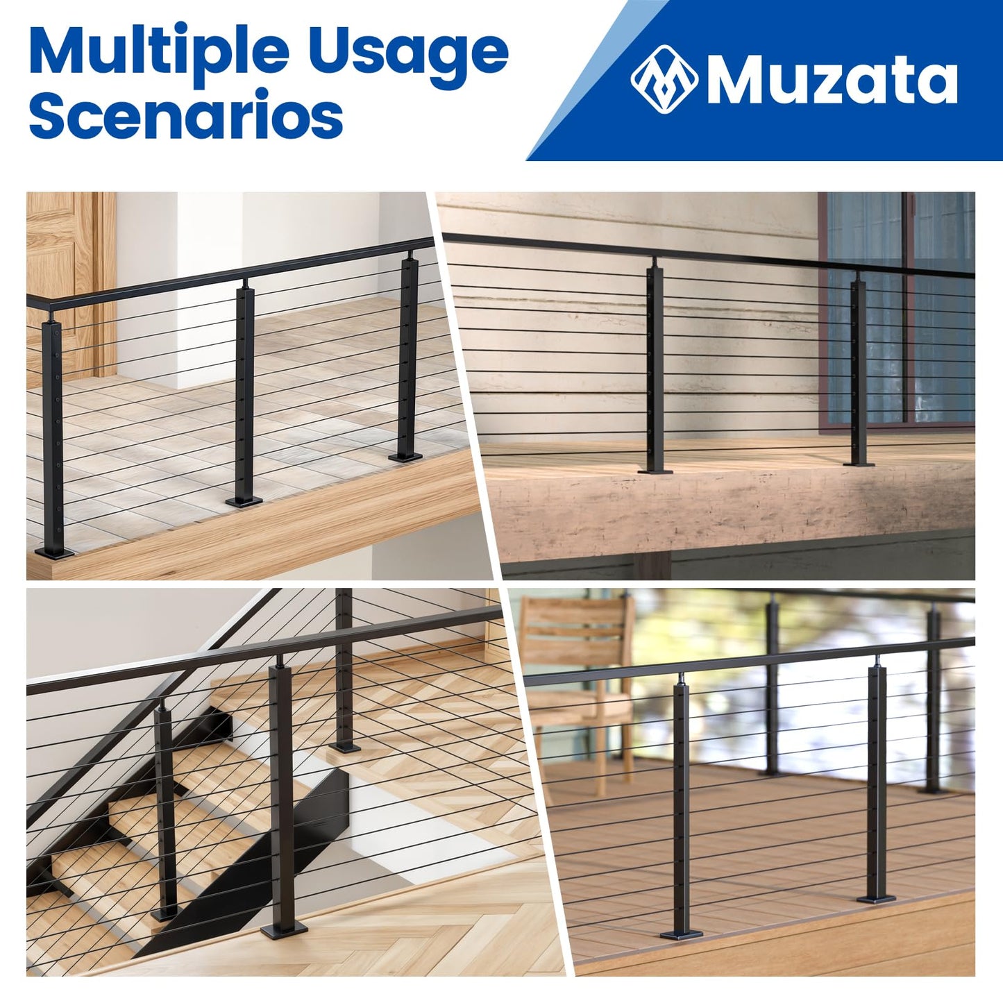 Muzata Black Cable Railing Post 36 Inch 36"x2"x2" Level Drilled Surface Mount T304 Stainless Steel Cable Railing System Kit Indoor Outdoor with Paper User Guide PS01 BH4S