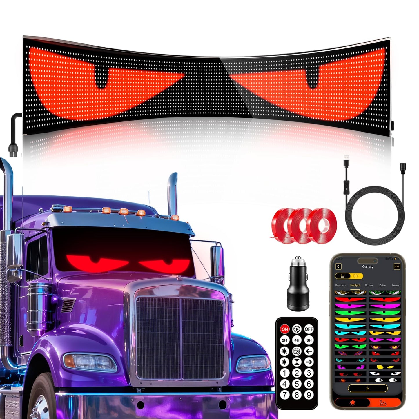 52.36"x7.56" Large Size Windshield Eyes-Devil Eye Light, 5V USB Animated LED Eyes with with Dual Bluetooth App & Remote Control - Programmable LED Sign for Semi Trucks/SUVs