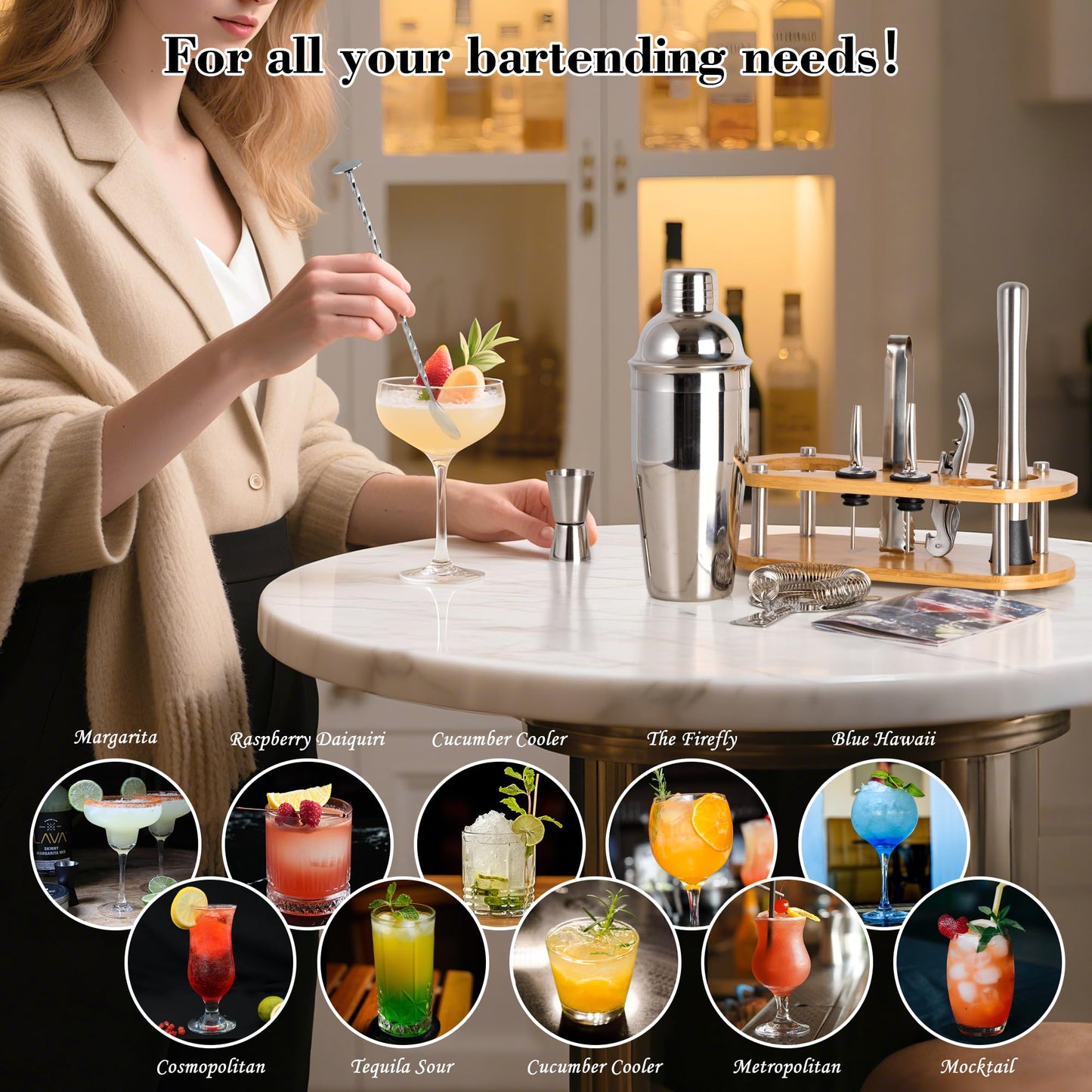 Cocktail Shaker Set Bartender Kit - 11 Pcs Bar Tool Set with Bamboo Stand & All Bar Accessories: Martini Shaker, Strainer,Jigger, Muddler, Mixer Spoon Barware Kit, for Bar, Home Lounge & Party