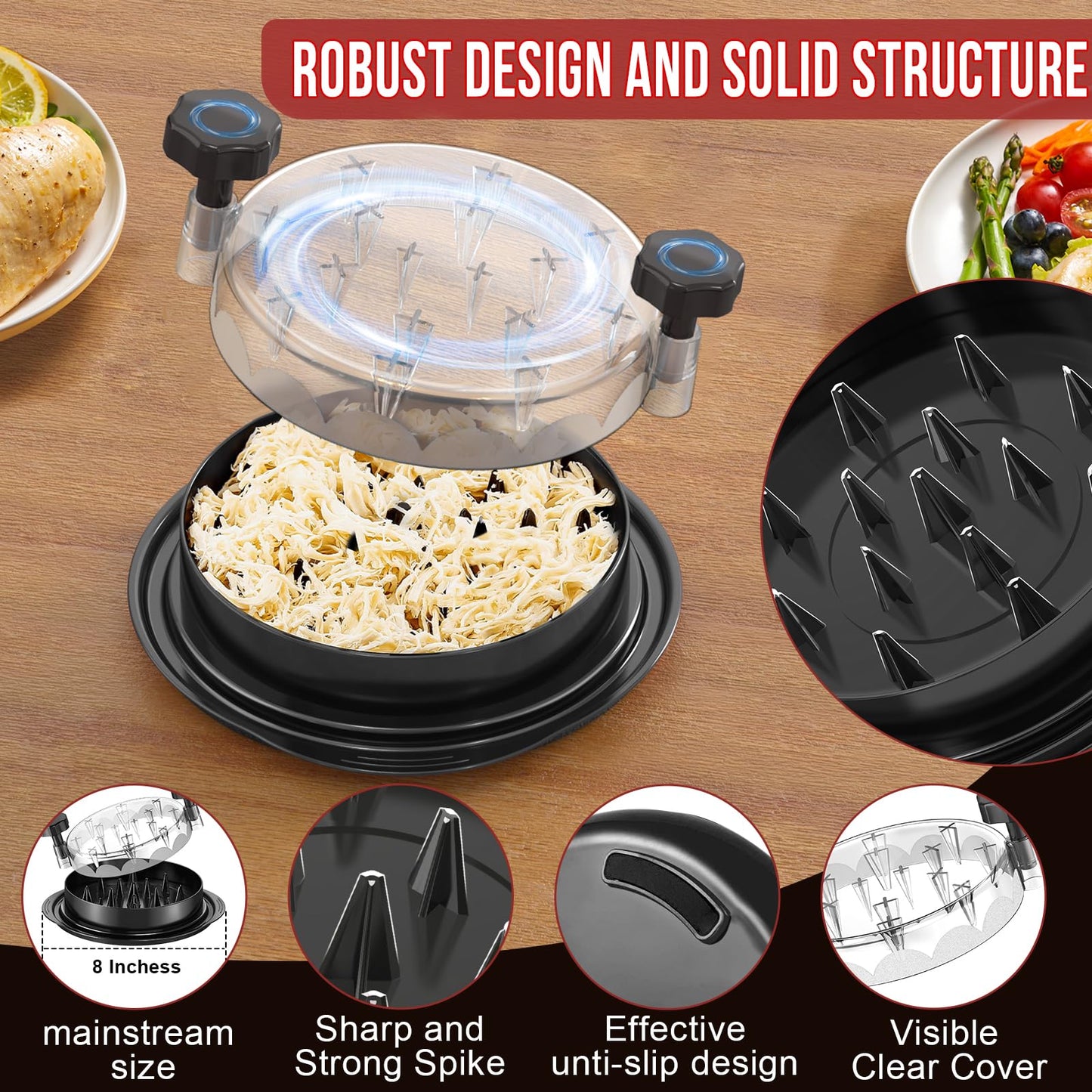 SoulLife Chicken Shredder 8 Inches, Chicken Breast Shredder Tool, Cooked Meat Shredder With Clear Lid, Ergonomic Design, Auti-slip, Easy To Clean, Chicken Shredder Tool Twist, Chicken Grinder (Black)