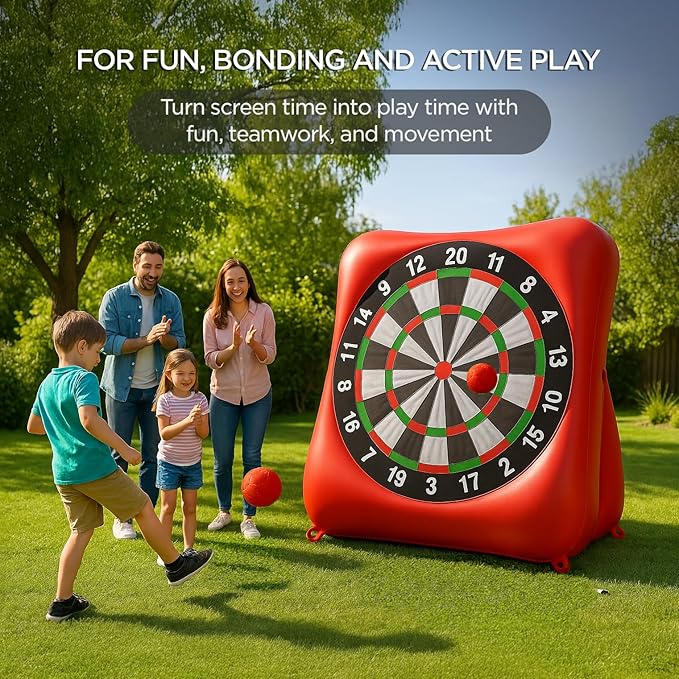 Inflatable Soccer Dart Board and Golf Darts Giant Kick Target Yard Game for Adults Kids Outdoor Backyard Parties with 4 Soccer Balls 20 Golf Balls Chipping Mat Pumps Scorecard Red Color 6.3 Feet