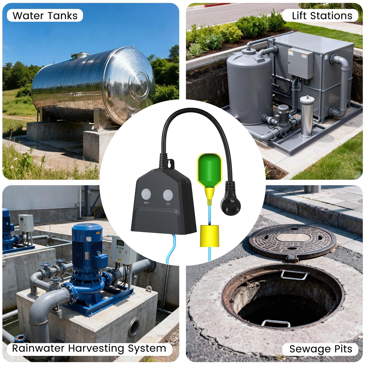 Sump Pump Alarm WiFi, Smart High/Low Water Level Alarm with Alarm-activated Outlet, Free App Alerts,Built-in Backup Battery,110dB Siren,10ft Float Switch for Septic Tank, Sump Pump, Ponds & Water Tank