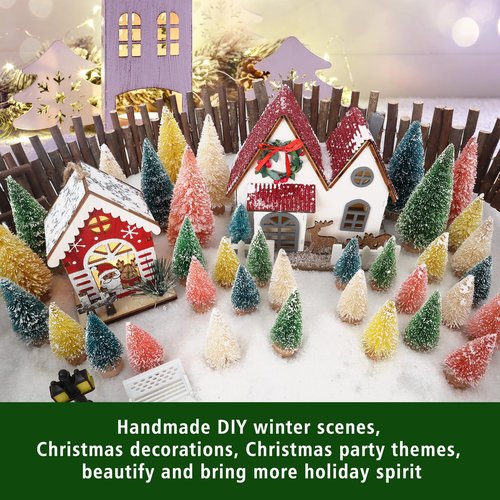 Christmas Decorations Mini Christmas Tree 35pcs,Mini Miniature Christmas Pine Tree Bottle Brush Trees Wooden Bases Tree for Your Village Desktop Xmas Holiday Party (Pink+Yellow+Blue+Green+Beige)