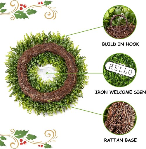 DDHS Large Boxwood Wreath - 24'' Artificial Spring Decor for Front Door | Year-Round Indoor/Outdoor Use