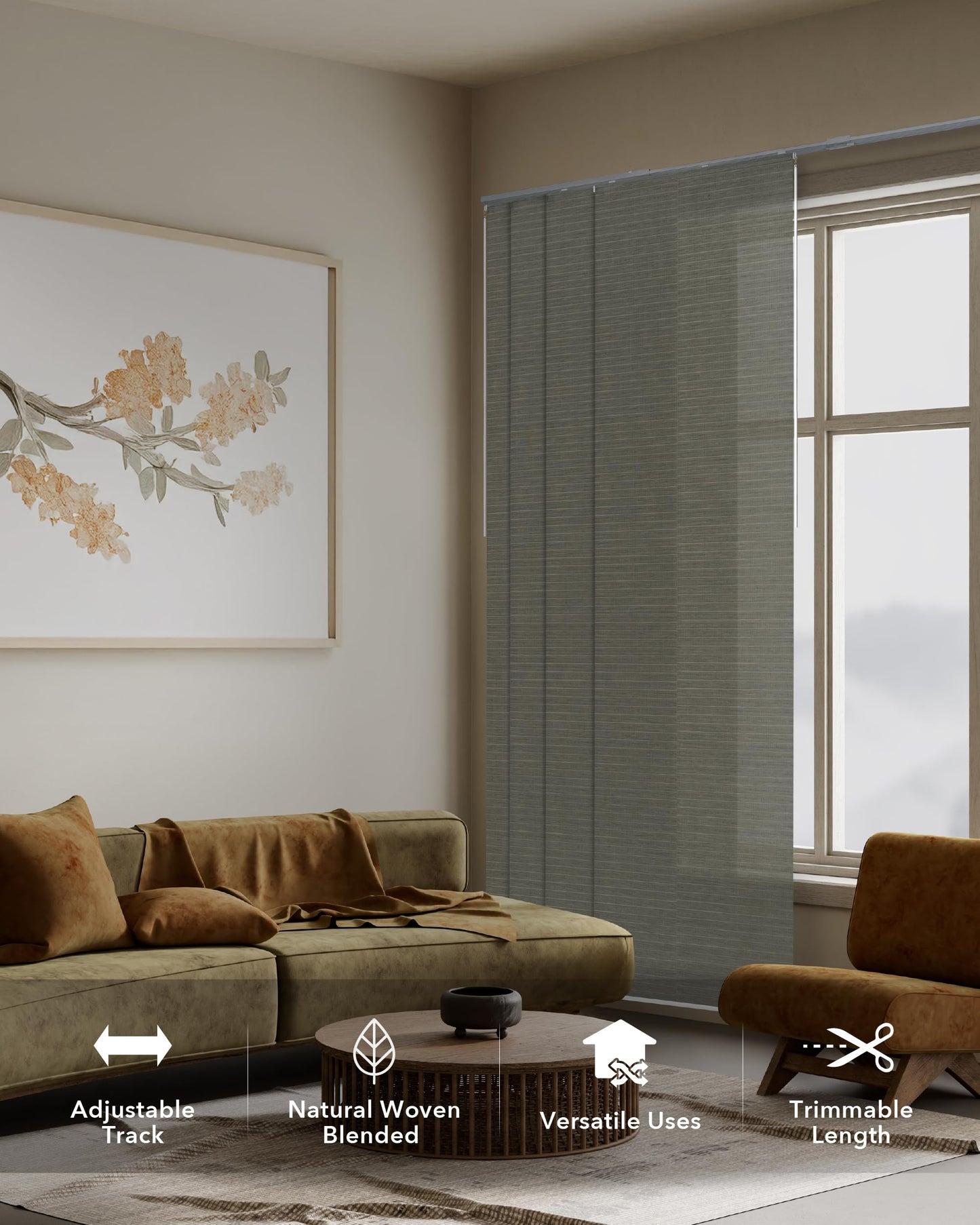 GoDear Design Adjustable Sliding Glass Door Blinds, Panel Track Vertical Patio Door Blinds, Extendable Track from 45.8" to 86" W, Trimmable Panel Curtains Up to 96", Semi-Privacy, Crown Zipper