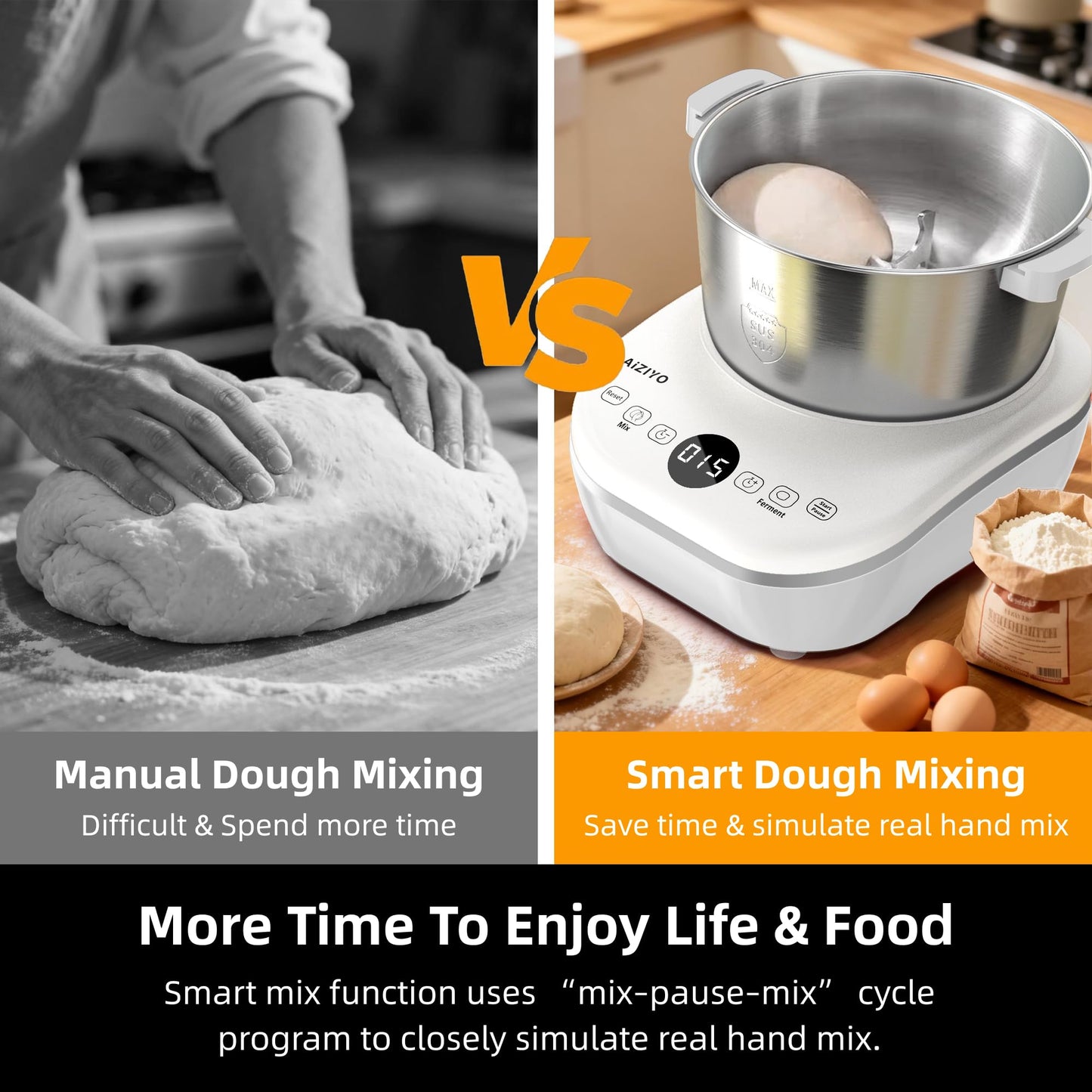 AIZIYO DoughChief, 7.4QT Dough Maker, Dough Mixer with Ferment Function, 304 Stainless Steel Bowl, Removeable lid, Face-up Touch Panel, Electric Dough Proofing Box for Pizza & Bread