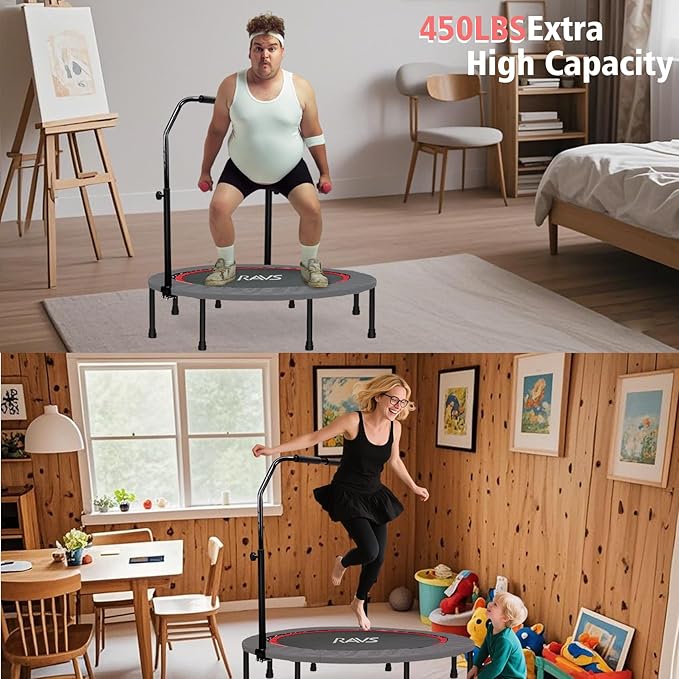 450 LBS Foldable Mini Trampoline for Adults & Kids 40" Rebounder Trampoline with Adjustable Foam Bar for Indoor Workout Fitness