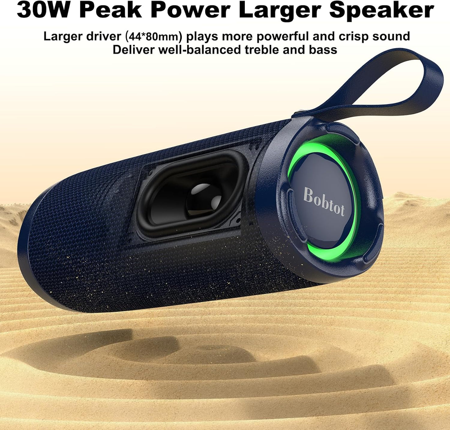 Bobtot IPX6 15W 15H Portable Bluetooth Speaker, Waterproof Speaker with Punchy Bass, Loud Sound, RGB, Playtime, Dual