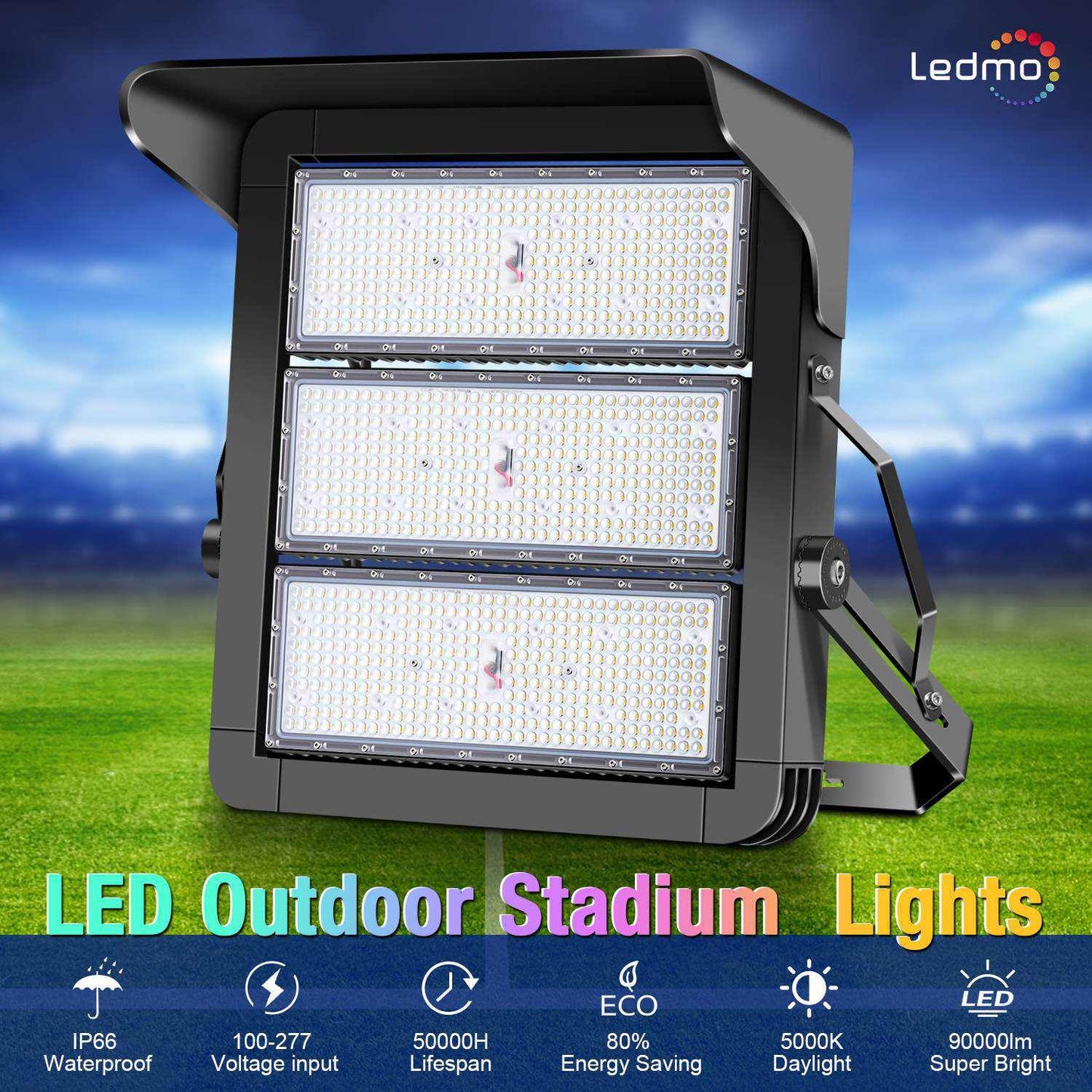ledmo 750W Dimmable LED High Mast Stadium Light, Outdoor 90000LM Super Bright Floodlight Commercial 100-277V 5000K Daylight IP66 Adjustable Waterproof Arena Lighting for Sport Court