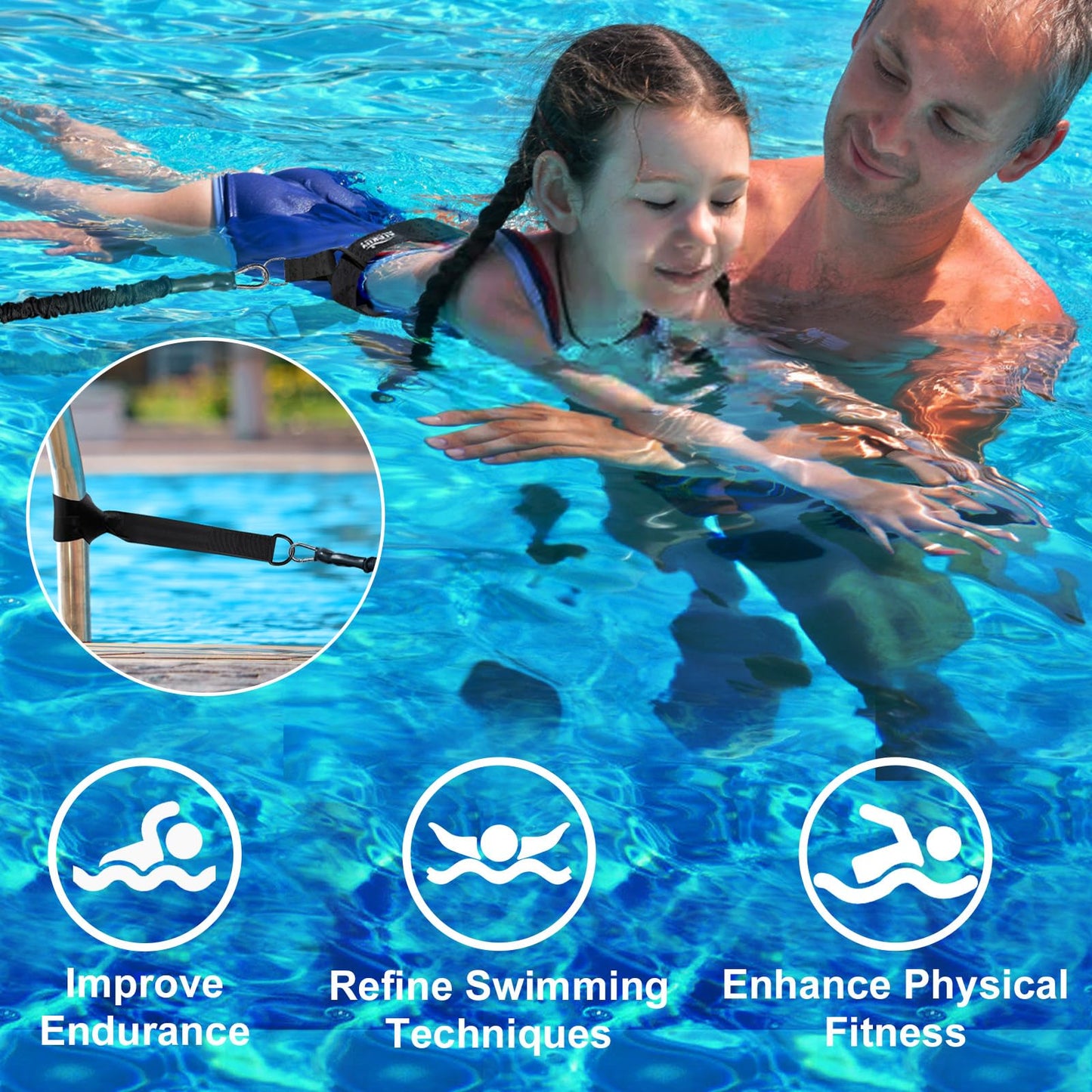 Swimming Training Belt 8-25FT Adjustable Swimming Resistance Belt, Stationary Harness for Any Pool Without Counter Current System (Black)