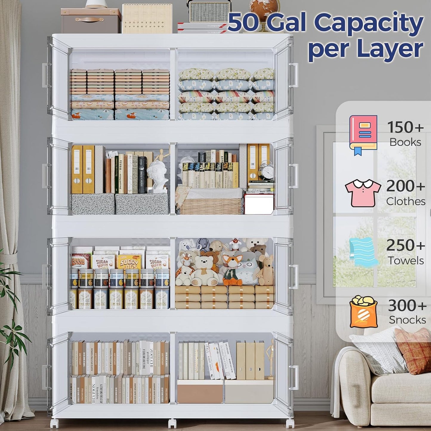 HOCRYPTA 250Gal 5-Tier Collapsible Storage Bins with Lid & Wheels, 1000QT Stackable Large Plastic Storage Cabinet Organizer Box with Doors for Bedroom Closet Kitchen Clothing Storage, White