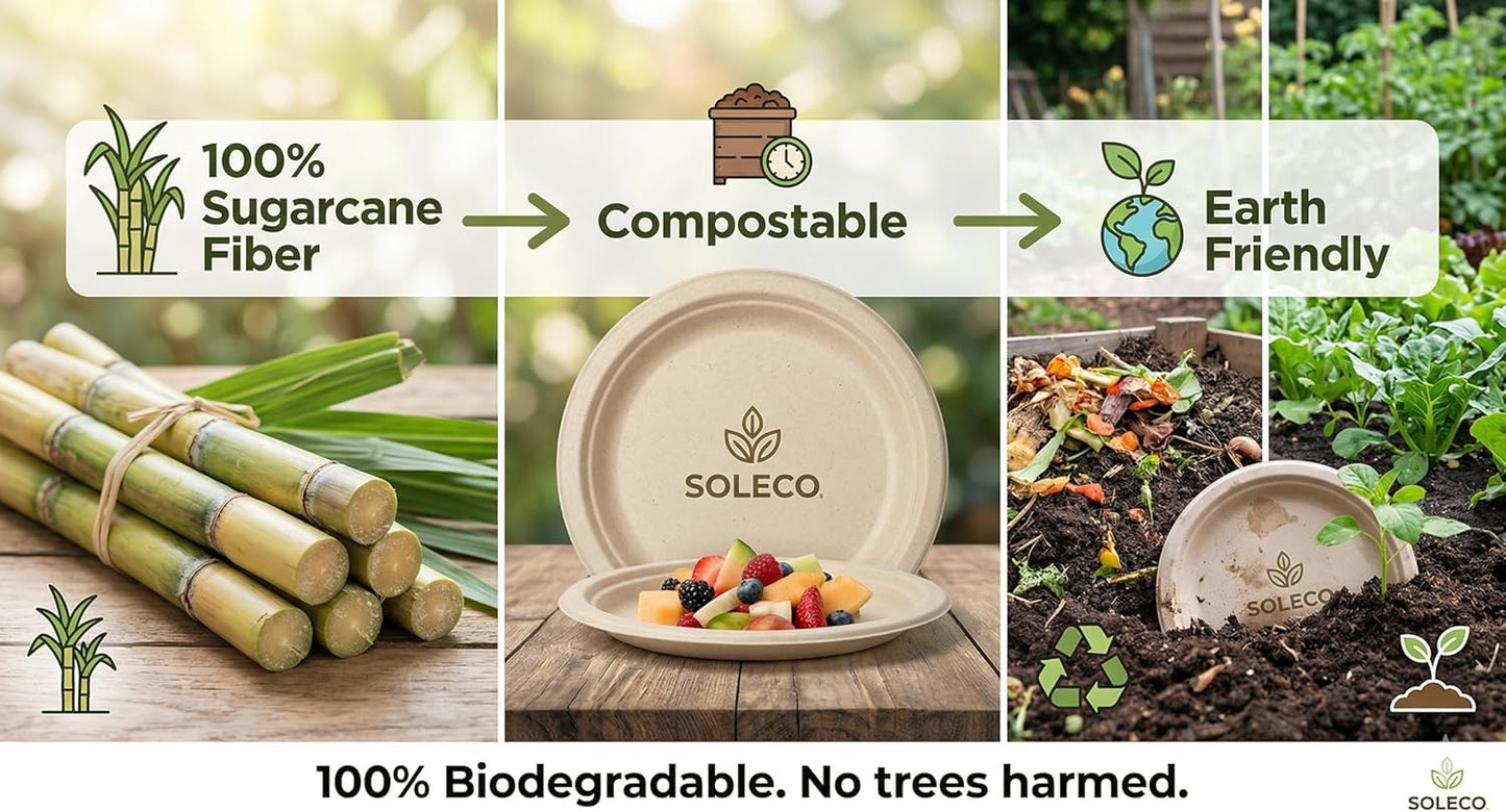 SOLECO Compostable Paper Plates - 10 Inch, 150 Pack | Heavy-Duty, Biodegradable & Heat Resistant Alternative to Plastic