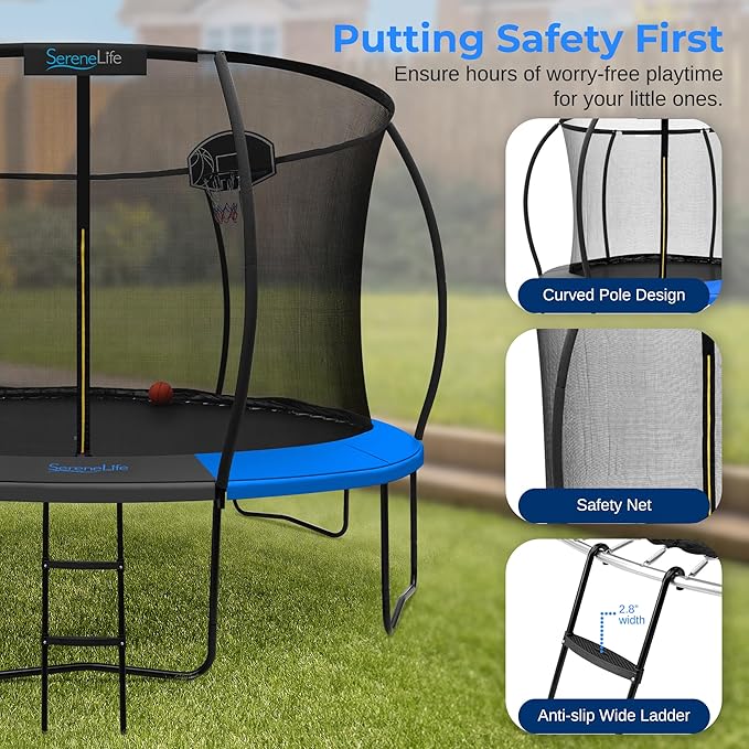 SereneLife 8FT 10FT 12FT 14FT Outdoor Trampoline for Kids - Recreational Backyard Trampoline with Curved Safety Poles, Net Enclosure, Ladder & Basketball Hoop - ASTM Approval for Kids Adults