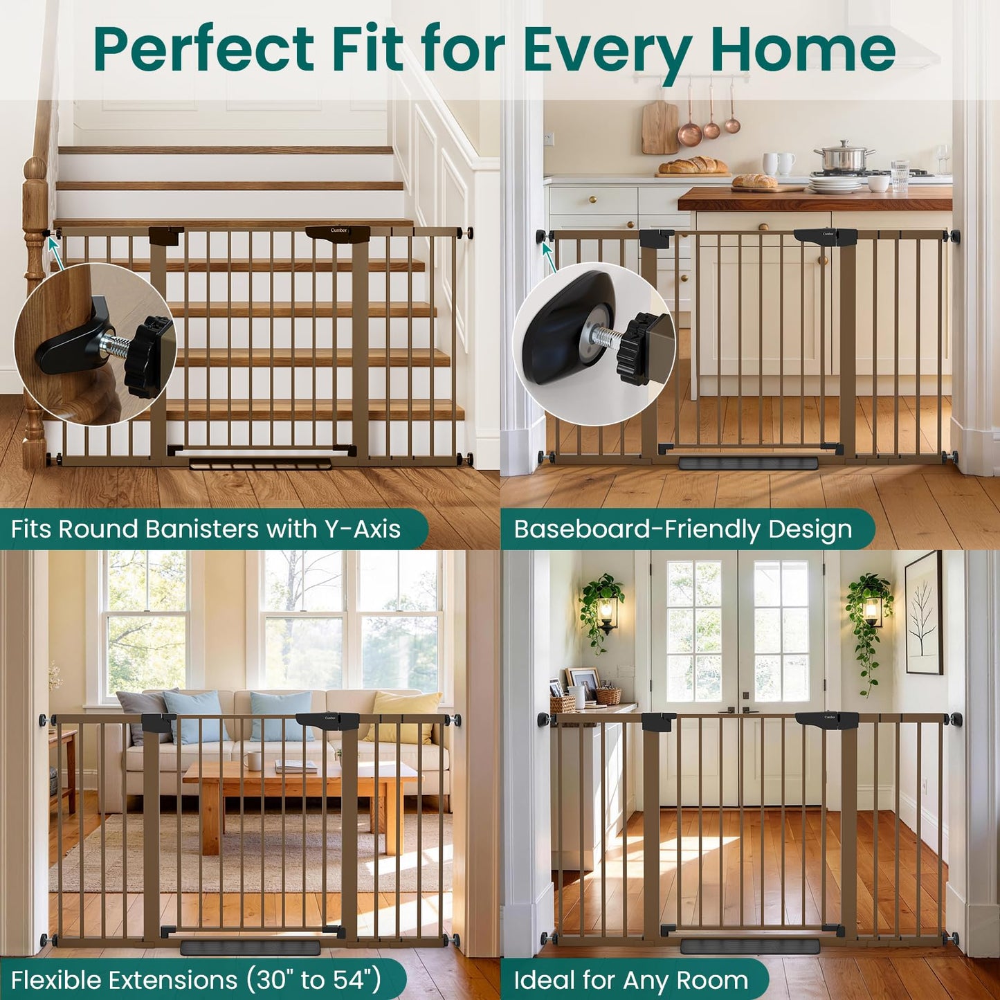 Cumbor 30-54" Extra Wide Baby Gate for Stairs, Dual Lock & Self-Closing Dog Gate Indoor, Easy Install Pet Gate for Doorways, Hallways & Kitchen, Easy Walk Thru Safety Proofing for Babies & Pets, Brown