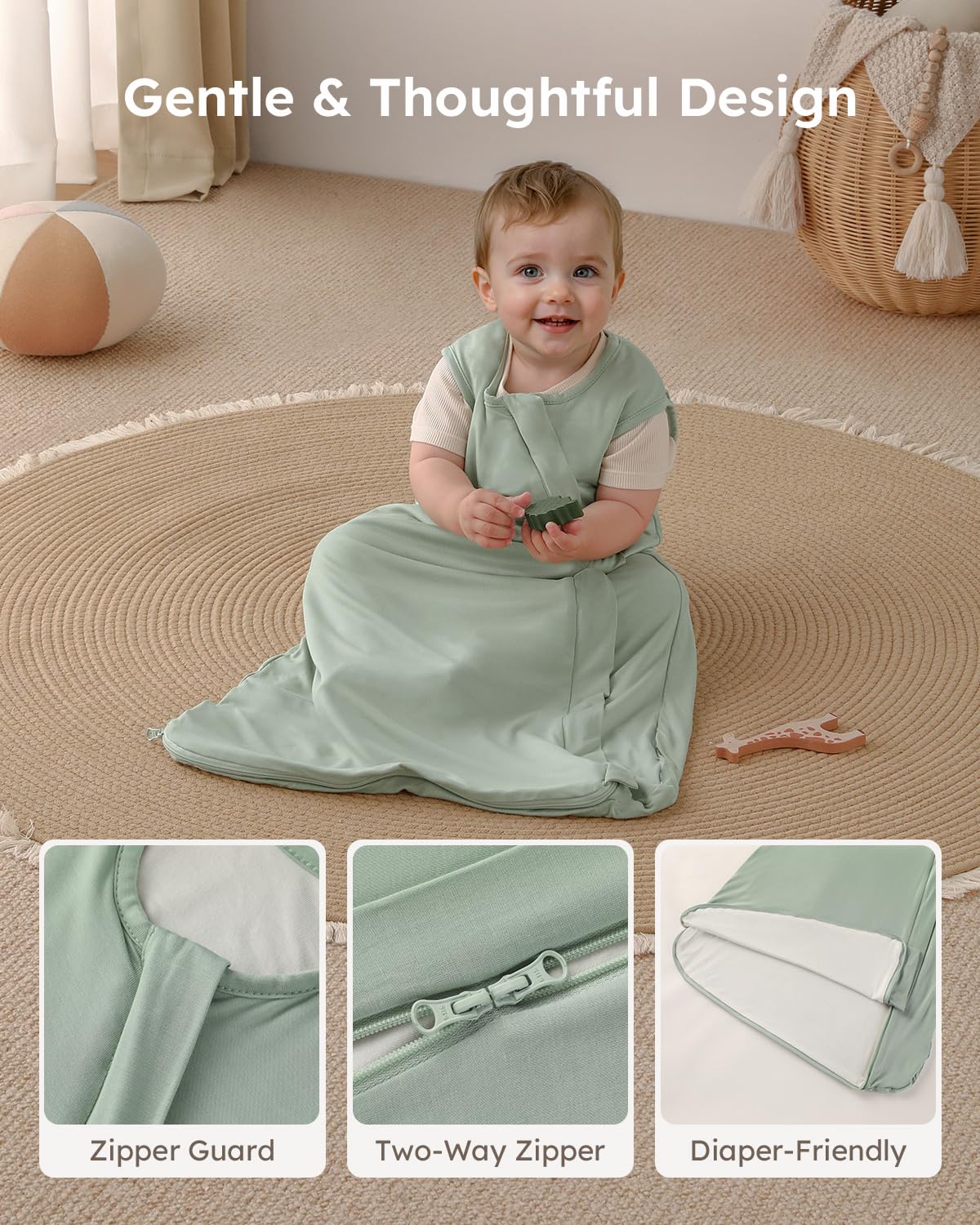 Yoofoss Baby Sleep Sack - Super Soft Bamboo Wearable Blanket for Infants 12-18 Months | 2-Way Zipper, Blue & Green