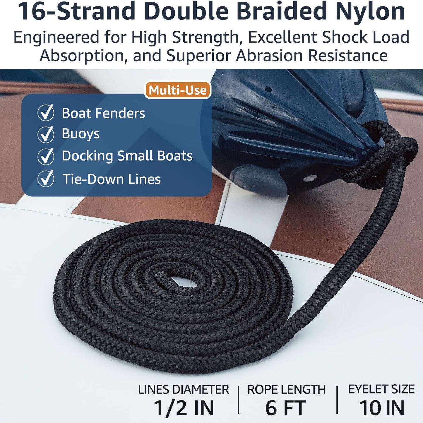 PACTHSD 4 Pack 1/2" x 6' Boat Fender Lines - Marine Grade Nylon Boat Rope with 10" Loop for Tying Fenders and Docking Small Boats - Double Braided Dock Lines, Easy Handling, Fray Resistant - Black