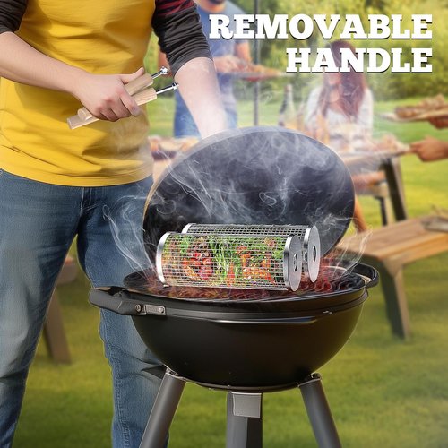 Ivtivfu Rolling Grill Basket - 304 Stainless Steel BBQ Tool with Removable Wooden Handle | Perfect for Outdoor Cooking & Camping