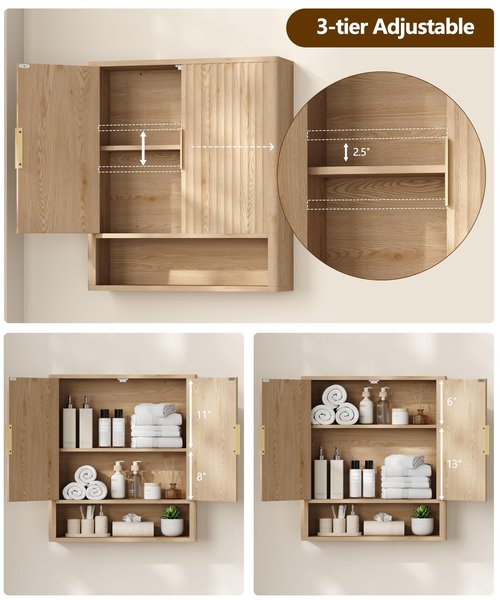 Keehusux 27.6" H Bathroom Wall Storage Cabinet with 2 Fluted Doors, Modern Wall Mounted Bathroom Cabinet with Adjustable Shelf, Curved Profile Medicine Cabinet for Kitchen, Living Room, Natural Oak