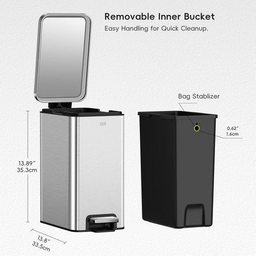 EKO Small Bathroom Trash Can - Soft Close Lid & Step Pedal | 10L Stainless Steel, Anti-Fingerprint Finish
