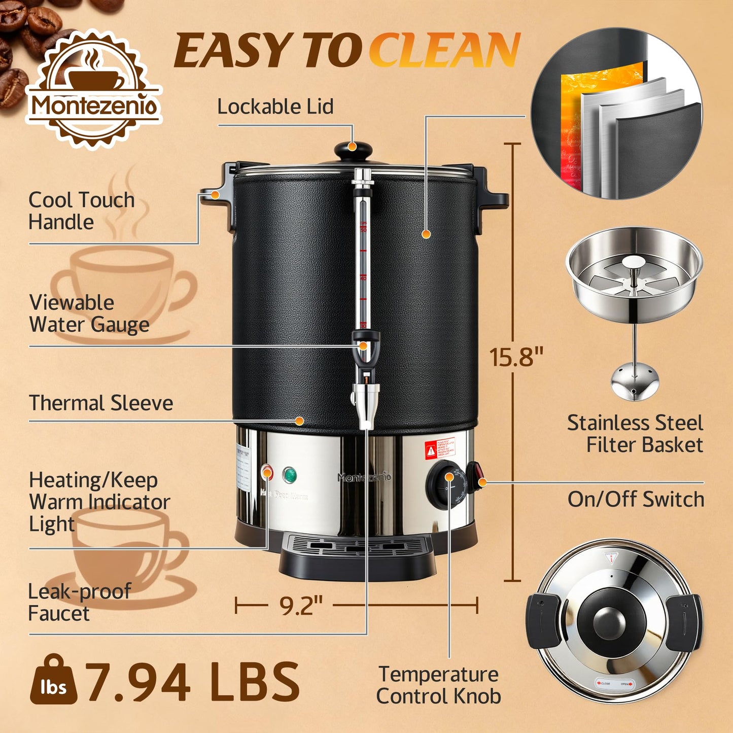50 Cup Commercial Coffee Urn with Temp Control, 1200W Extra Large Coffee Maker Double Insulated 304 Stainless Steel Coffee Dispenser Hot Water Urn with for Home Party Office Catering (8L/50cups)