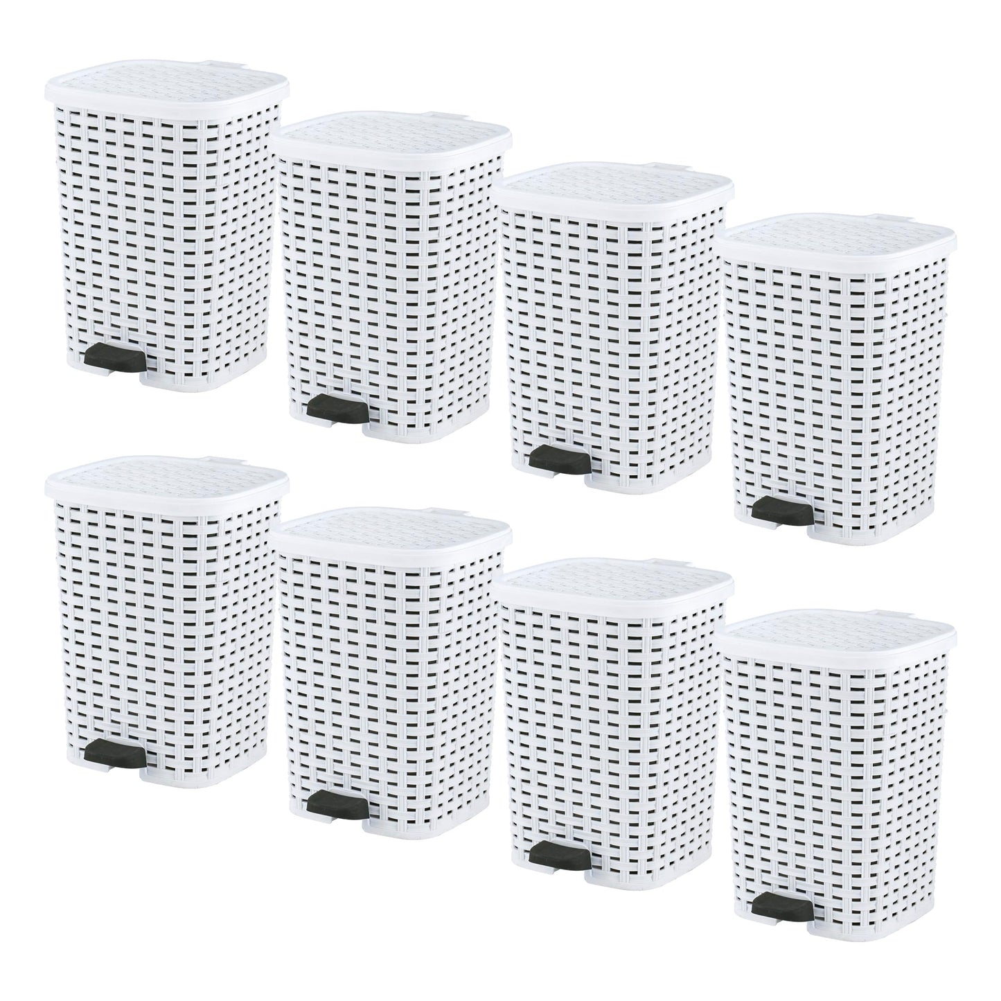 Superio Small Outdoor Trash Can with Lid for Dog Poop 3 Gallon/12 L Mini Plastic Garbage Can with Foot Pedal for Bathroom, Bedroom, Office, Patio, Wicker White, 8 Pack