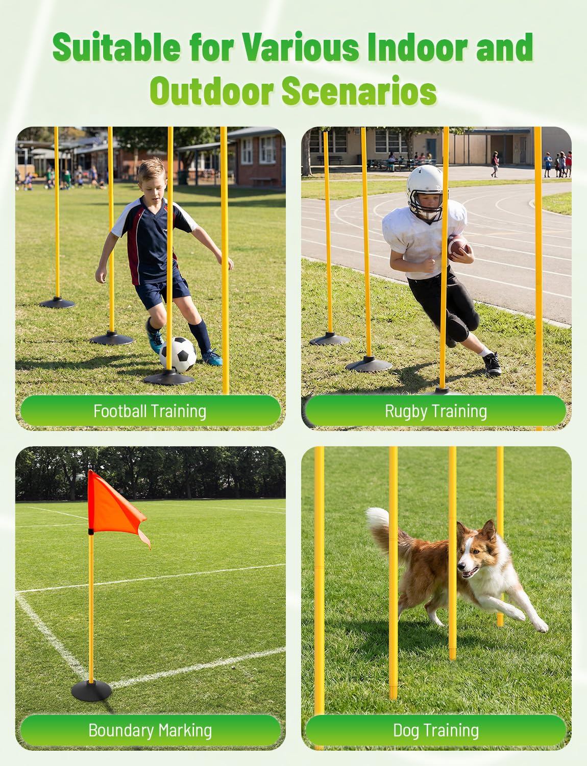 GHB Agility Poles 4 Pack 50" Sports Soccer Training Poles,Detachable Speed Training Equipment Football Accessories 2 in 1 Design Rubber Base and Spike