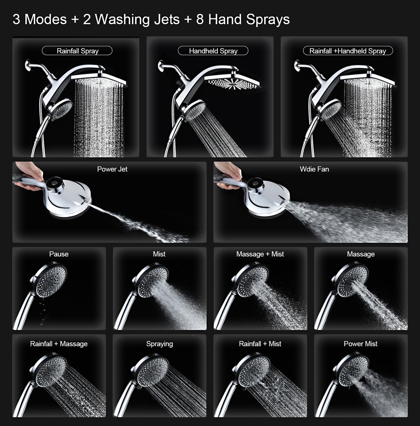 Skiennix High Pressure Rain Shower Head - Handheld Spray Combo with 10 Settings & Magnetic Docking