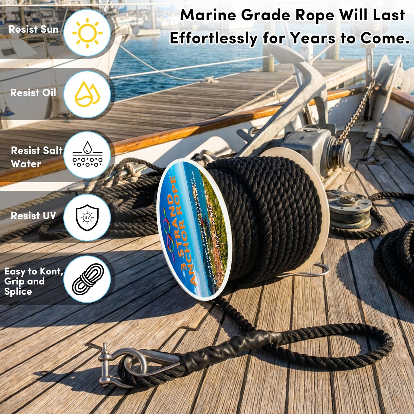 Anchor Rope 1/2 Inch 100 FT, Anchor Line 3 Strand Boat Rope with Stainless Steel Thimble & Shackle, Boat Anchor Rope Ideal for Towing Docking Mooring Boats Up to 35' - Black