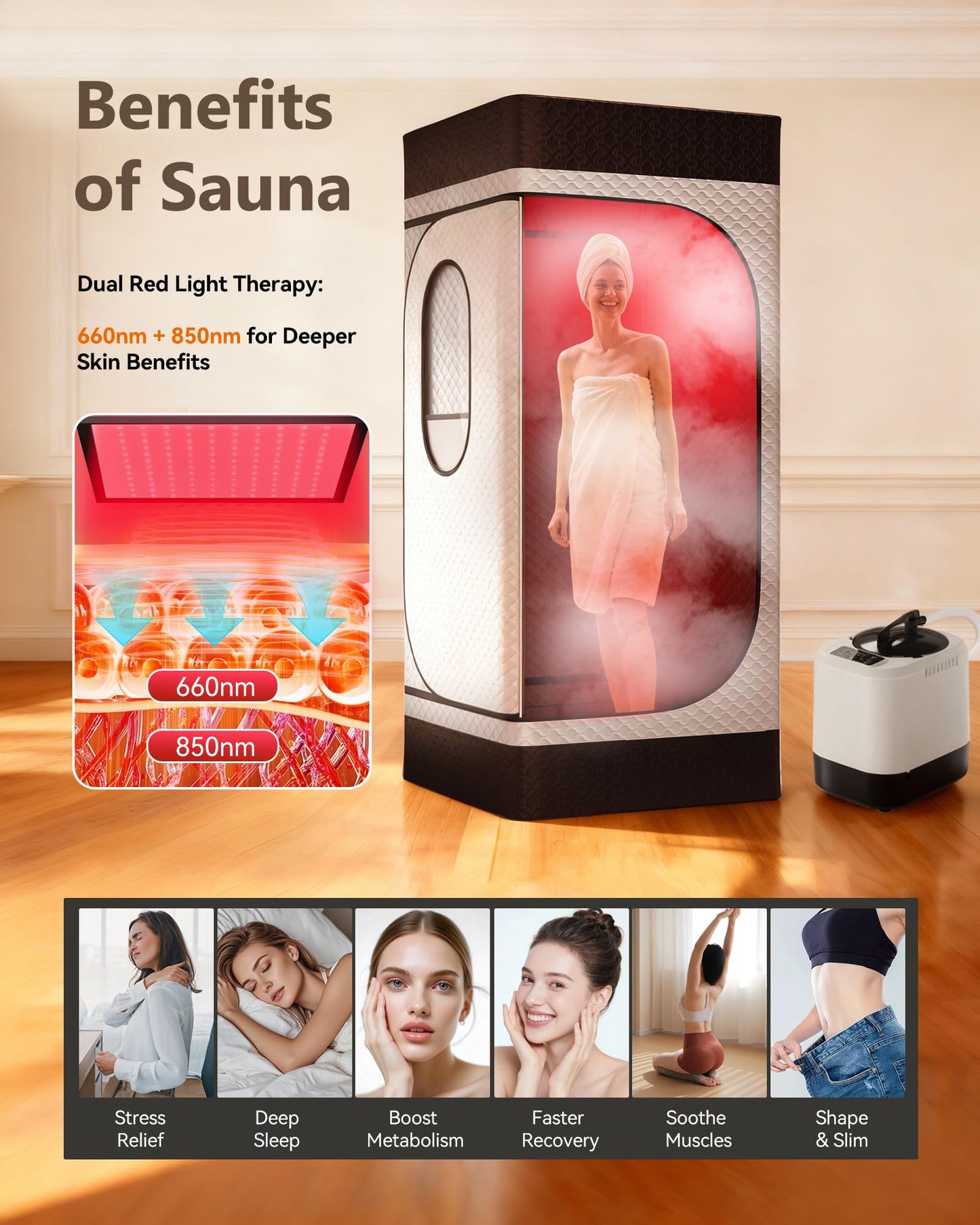 noerishia Portable Infrared Sauna Box for Home, Steam Sauna Tent with 660nm & 850nm Red Light Therapy, 3L 1200W Steamer, Oversized Folding Chair, 9 Heat Levels & 99-Min Timer for Home Spa Relaxation