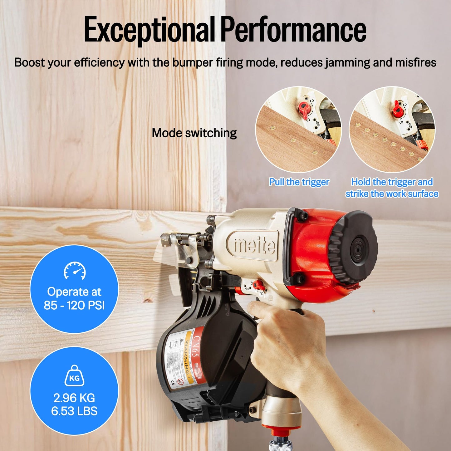 meite CN65 Siding Nailer 15 Degree Coil Siding Nailer Gun for Heavy-Duty Fencing Decking Sheathing, Pneumatic Siding Nail Gun with Tool-Free Depth Adjustment, Drives 1-1/2" to 2-1/2" Coil Siding Nails