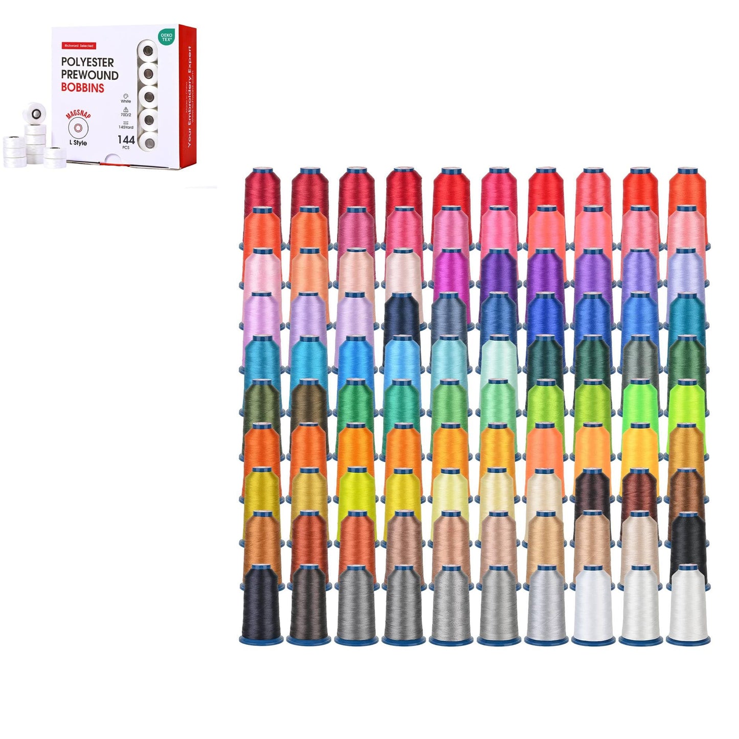 Magsnap Prewound Bobbins, Style L (SA155), 144pcs White+Embroidery Machine Thread 100 Colors 40WT (108D/2) Polyester Thread Kit