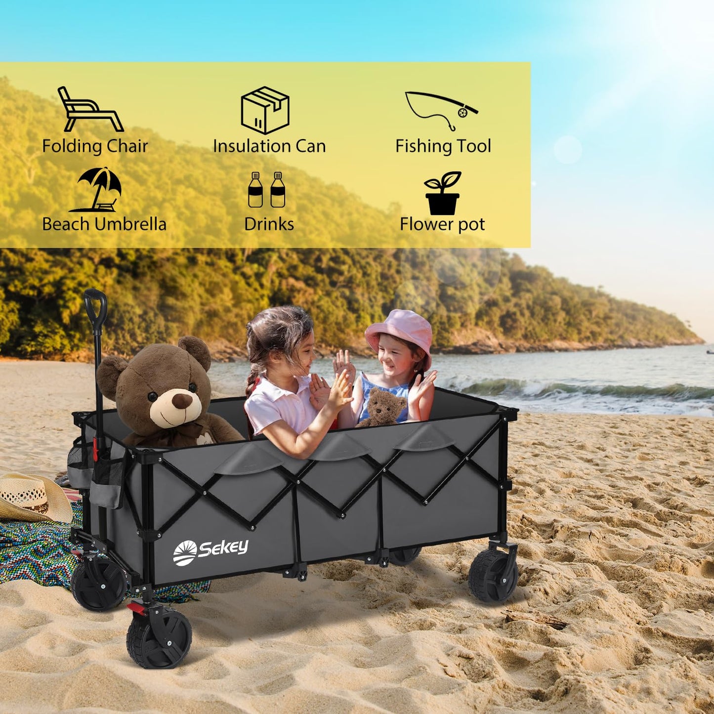 Sekey 48''L Collapsible Foldable Extended Wagon with 660lbs Weight Capacity, Heavy Duty 300L Folding Utility Garden Cart with Big All-Terrain Beach Wheels & Drink Holders. Grey