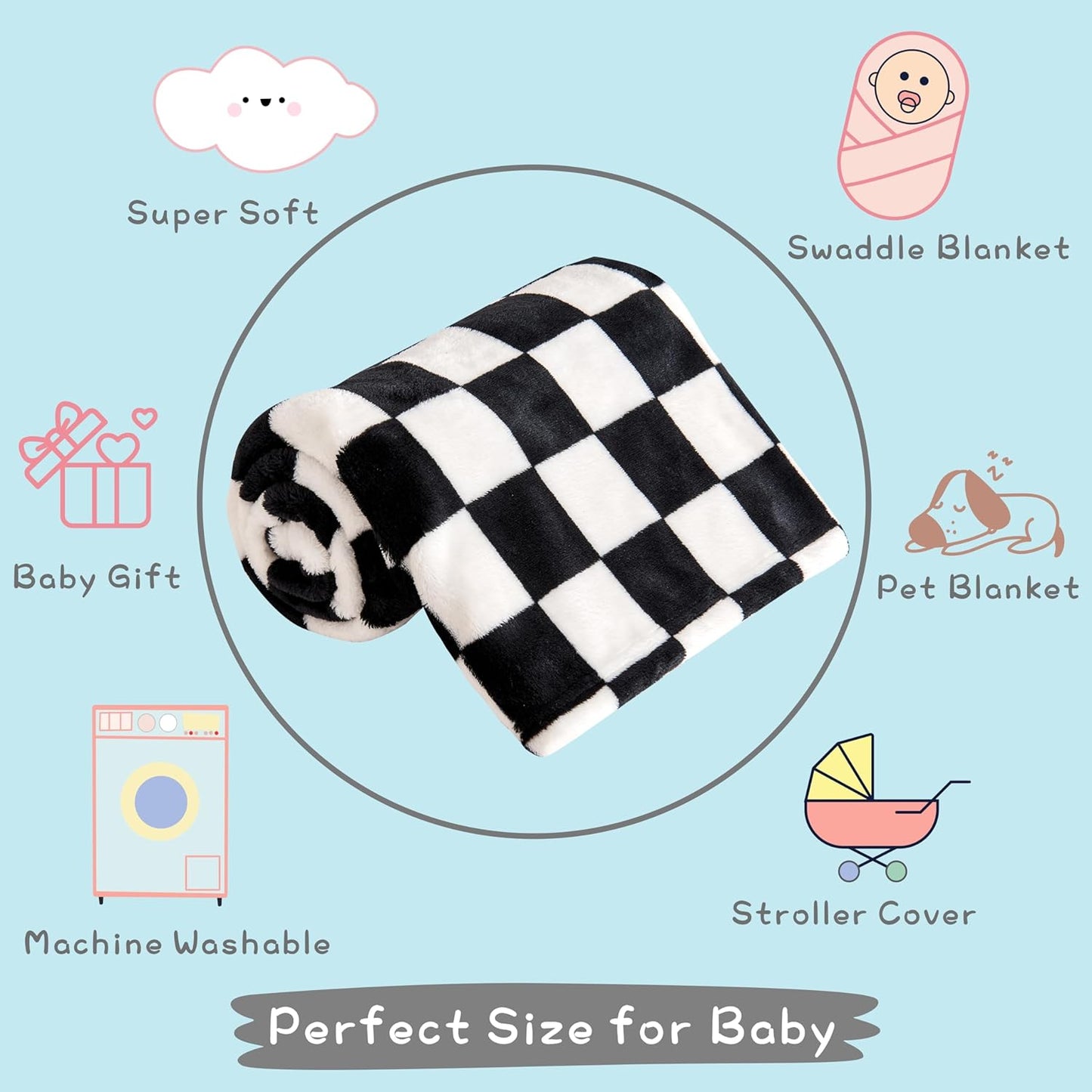 Yurhap Checkered Baby Blanket - Ultra Soft Fleece Receiving Blanket for Infants | 30"x40", Black