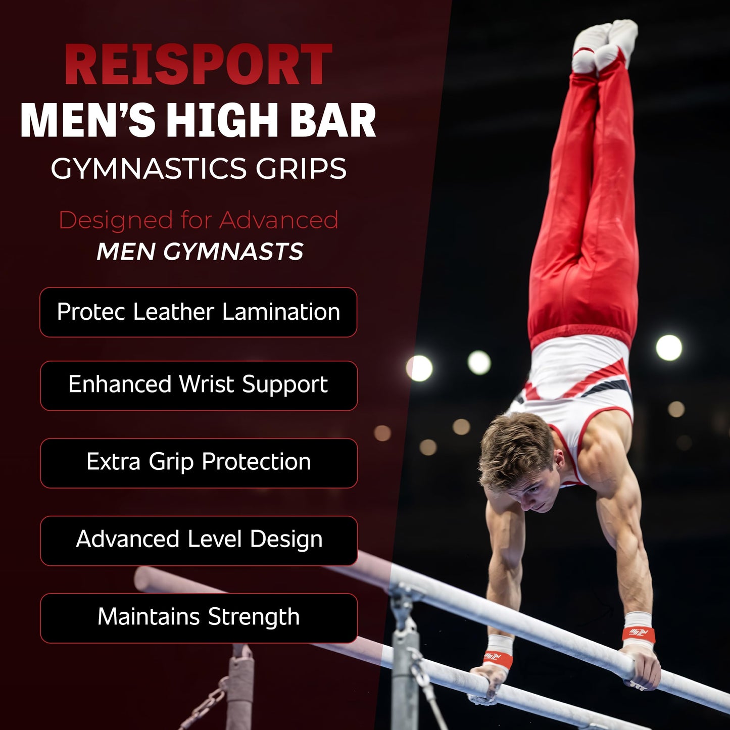Reisport Protec High Bar Gymnastics Grips for Men - Triple Strength Leather Hand Grips for Gymnastics Bars - Gymnastics Equipment & Accessories for Advanced Gymnasts