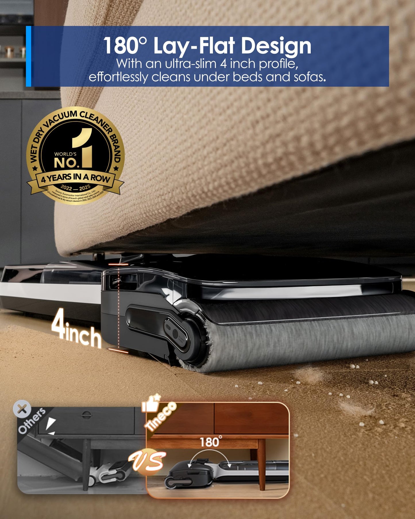 Tineco Floor ONE S6 Master Wet Dry Vacuum Cleaner, 20kPa Suction Vacuum Mop with Dual-Edge Cleaning, 45 Min Runtime (Quite Mode), 185°F Flashdry, 4inch Ultra-Slim