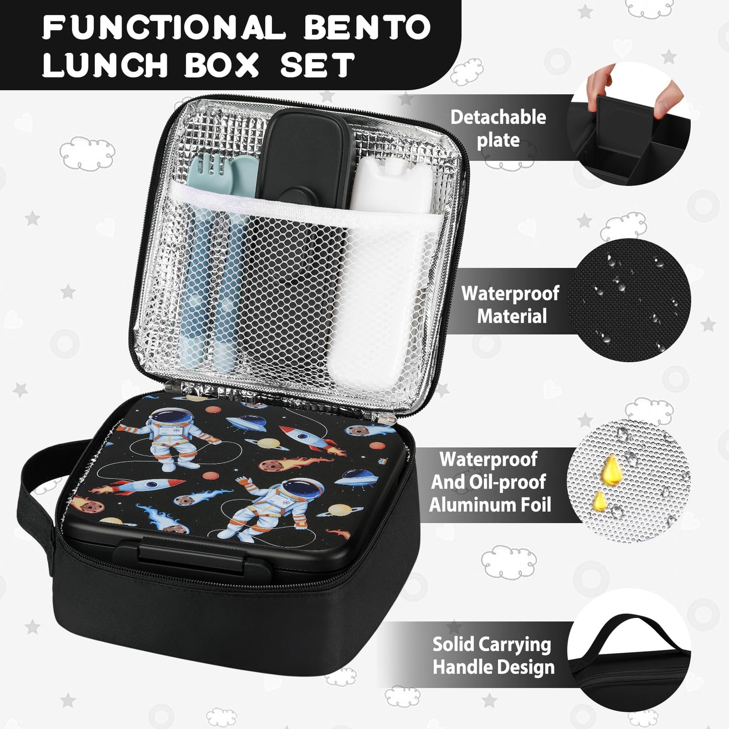 MAISON HUIS Bento Lunch Box with 8oz Soup Thermo, 5-Compartment Leak-Proof Container, Thermo Hot Food Jar and Insulated Lunch Bag, BPA Free,Travel, School