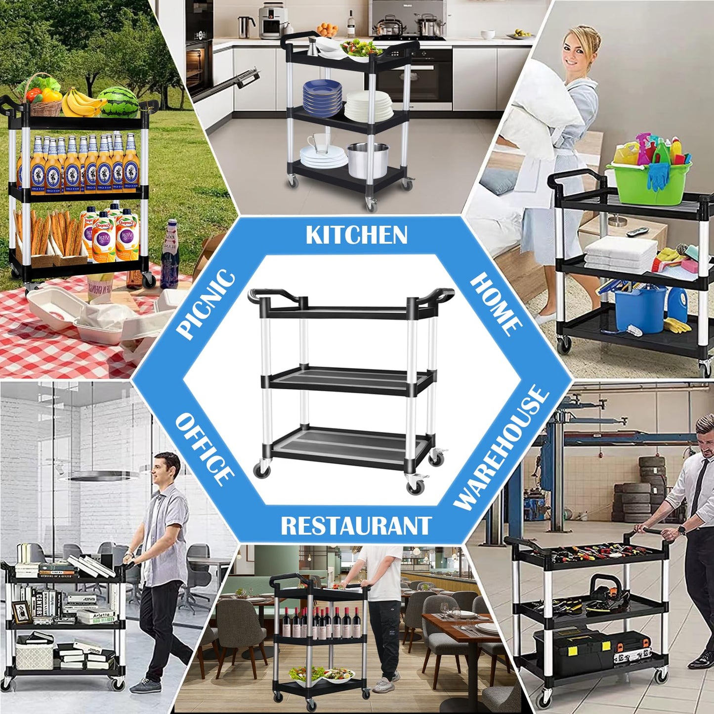 Utility Cart with Wheels, 3 Tier Rolling Cart, Food Cart, Plastic Heavy Duty Utility Cart, Restaurant Kitchen Service Cart on Wheels for Office Business Garage， 510lbs 16.9" D x 31.5" W x 39.5" H