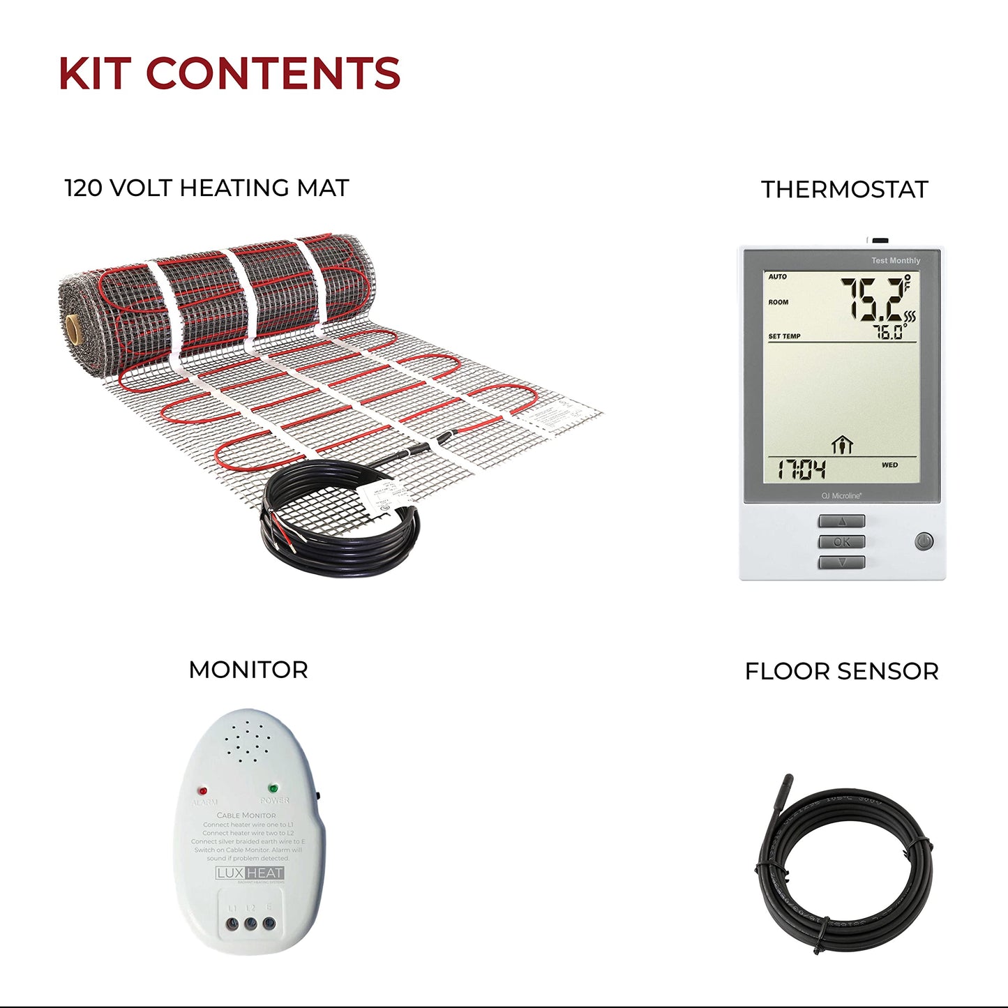 LuxHeat 40sqft Floor Heating Mat Kit - 120v Heated Tile Floor Kit - Complete Electric Radiant Heated Flooring System Includes Alarm, UDG Programmable Thermostat w/GFCI & Flooring Sensor