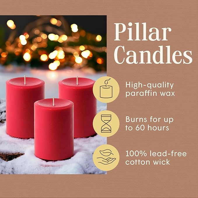 Mister Candle Dripless Unscented Pillar Candles, Set of 3 Hand Poured Solid Color Non-Scented Candles for Home Decor, Premium Wax, 60 Hr Burn Time - 3x4 Inch, Red
