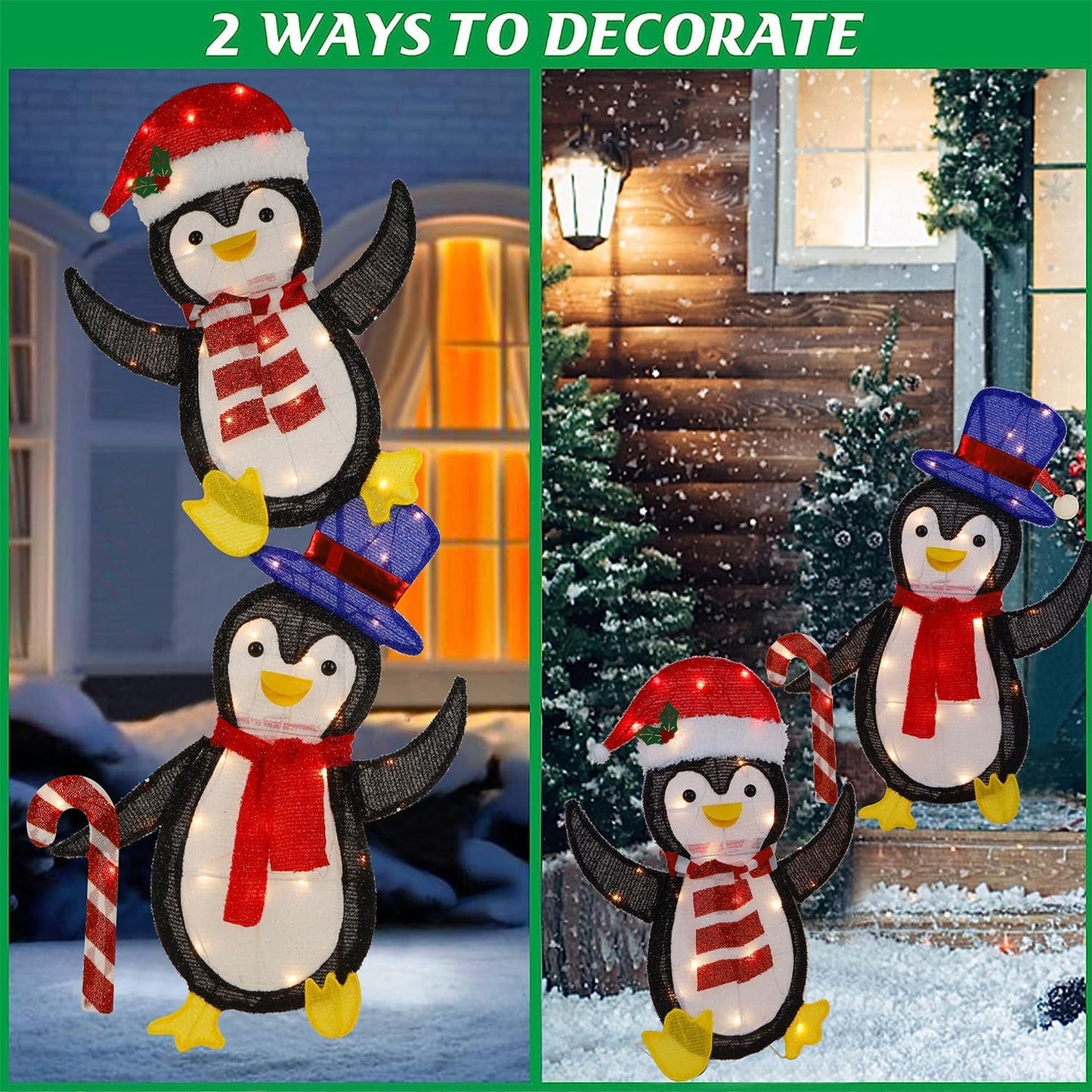 WATERGLIDE Lighted Christmas Tinsel Penguins - Pre-Lit 2D Stacked Design for Indoor/Outdoor Holiday Decor