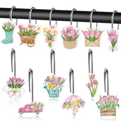 MALLMALL6 12Pcs Spring Tulip Flower Shower Curtain Hooks Floral Metal Rustproof Decorative Pendants for Bathroom Bedroom Room Home Decor Accessories with Watering Can Truck Stainless Curtain Rings