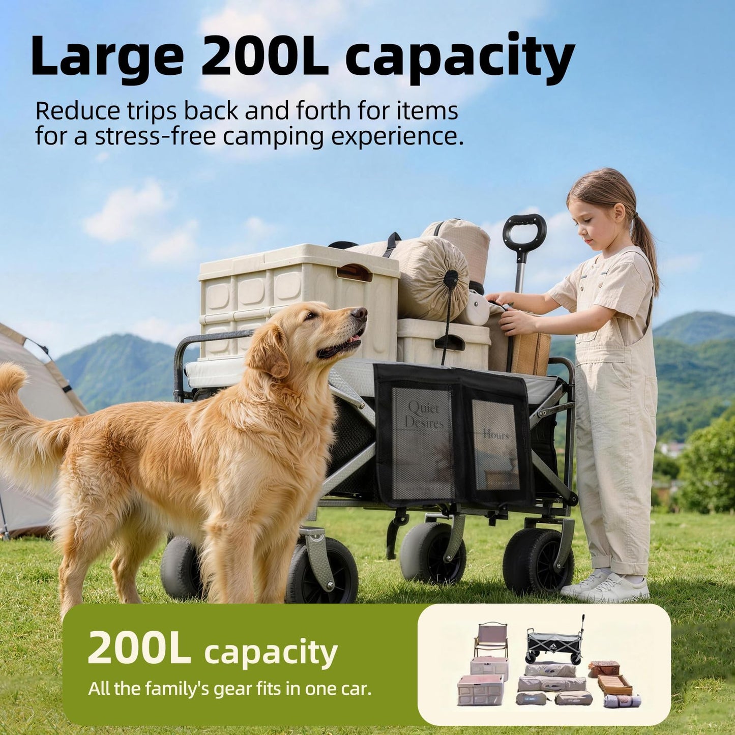 BUERTS Collapsible Wagon - 600LBS Heavy-Duty Large Capacity Foldable Utility Cart, Oversized All-Terrain Wheels, 3-Second Quick Fold Beach Wagon for Camping, Gardening, Beach & Backcountry Trip（BLACK）