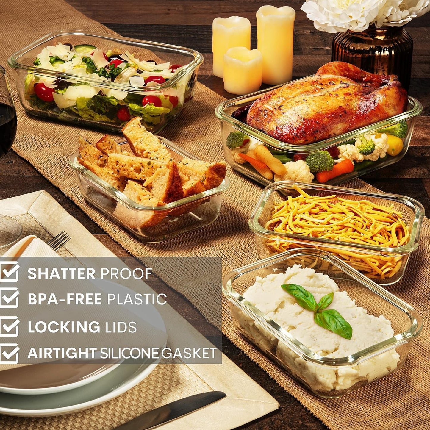 Razab Airtight Large Glass Food Storage Containers - BPA Free, Leak Proof | 4 Pc Set (2700ML & 1520ML)