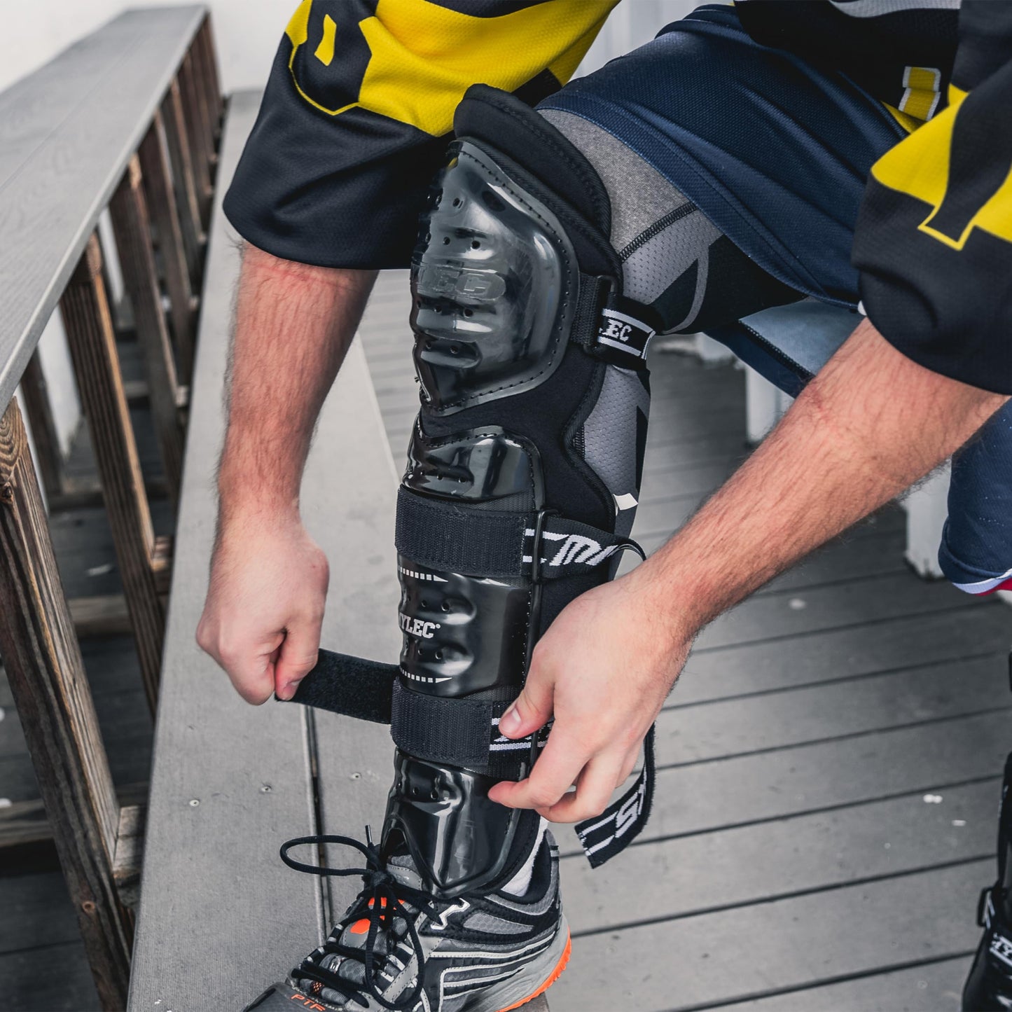MyLec MK5 Street/DEK Shin Pad, Lightweight & Durable Hockey Accessories, 360° Velcro Straps, Hard Front Shells, Breathable Material, Metatarsal Padding Street Hockey Shin Guards, Foam Rubber(11,Black)