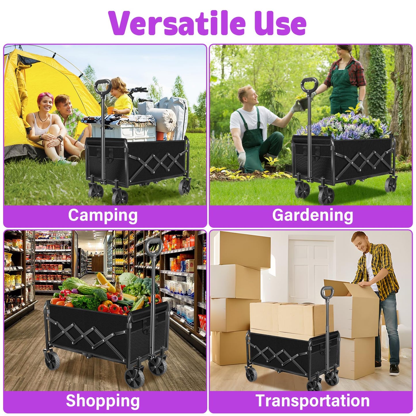 Wagons Carts Foldable,280 LBS Large Capacity Foldable Wagon Cart Collapsible Wagon with Wheels & Drink Holders,Utility Folding Cart for Camping Garden Beach Picinic Grocery Outdoor Shopping(Black)