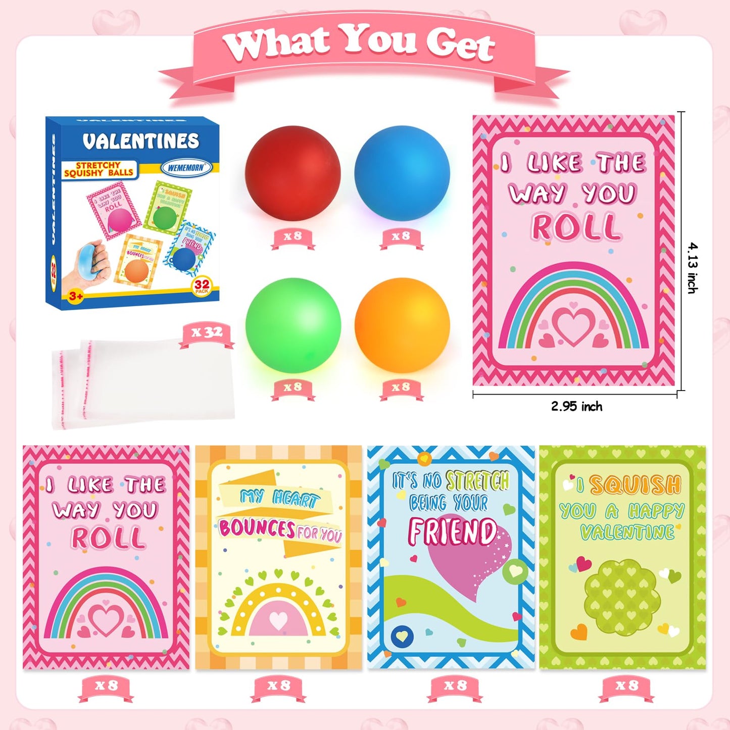 WEMEMORN Valentines Day Gifts for Kids, 32 Pack Valentine Cards for Kids Classroom with Stress Ball Stretchy Sensory Squeeze Toys, Valentine's Prizes Party Favor School Class Classroom Gifts Exchange