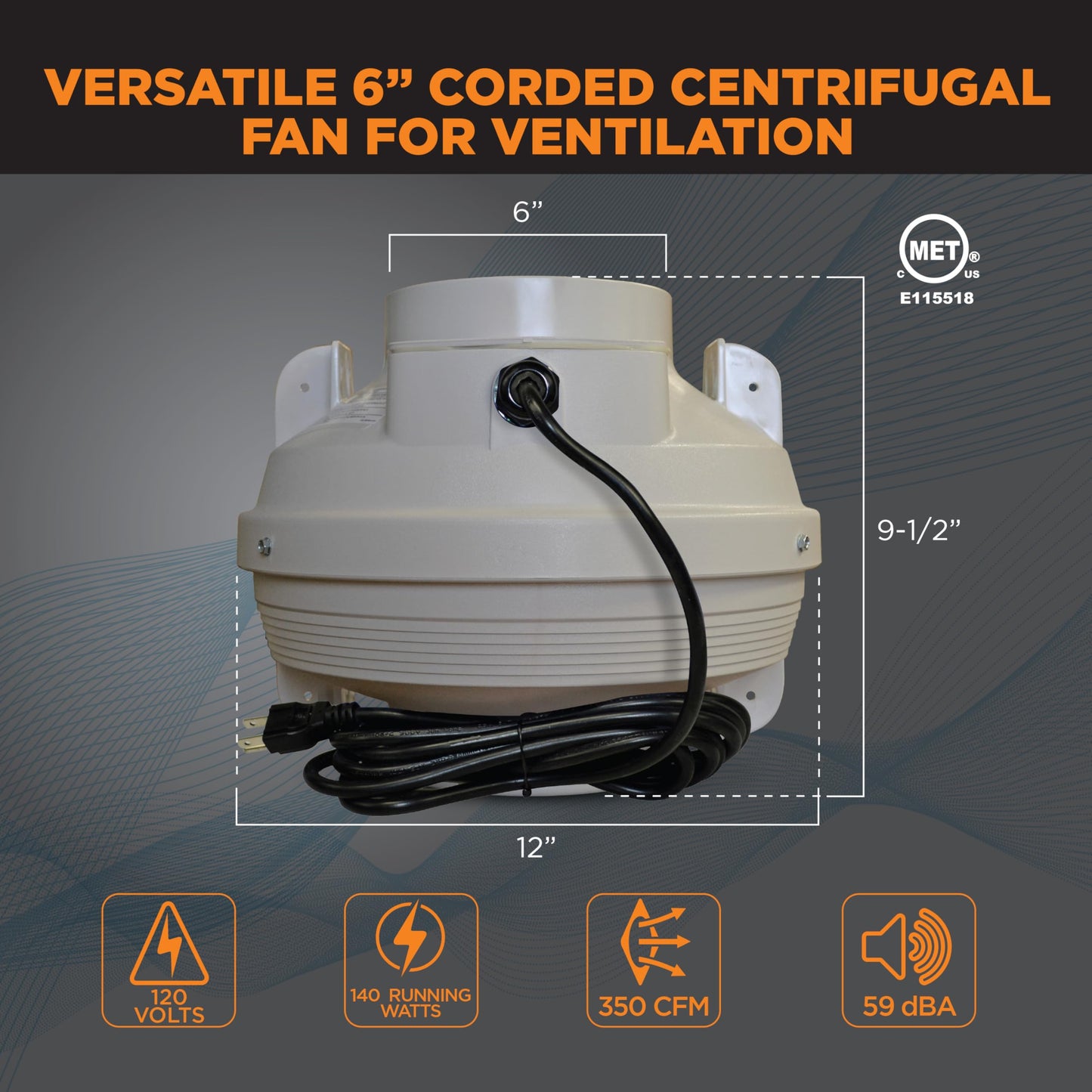 Suncourt 6-Inch Centrax Inline Centrifugal Fan — Quiet Duct Fan for Exhaust, Ventilation, or Inline Boosting, Safety Certified, Simple Installation, 10-Foot Power Cord (TF106-CRD)