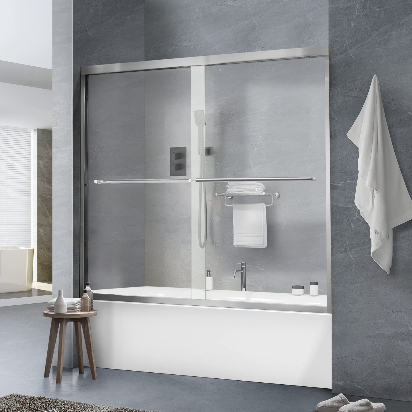Bathtub Shower Door, 56"-60" W×58" H Framed Double Sliding Glass Shower Door for Bathroom, 1/4"(6mm) Thick Clear Tempered Glass Door with Handles, Chrome Finsh