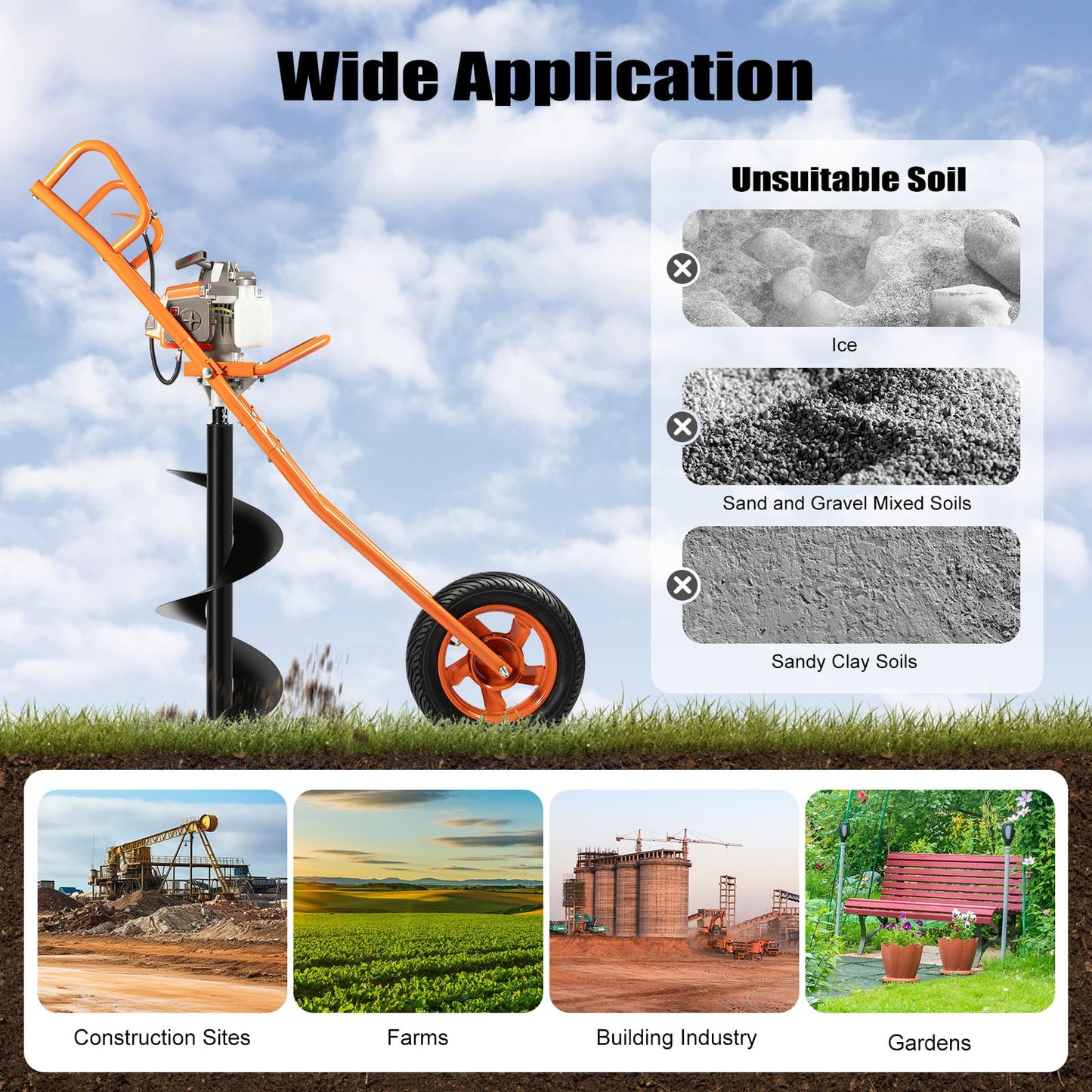 63CC 2-Stroke Hole Digger, 3HP Gas Powered Earth Auger Post Hole Digger Ground Drilling Machine Gasoline Earth Auger Wheelbarrow w/Extra-Large Fuel Tank & Bits for Fence Ground Drill Planting (Orange)